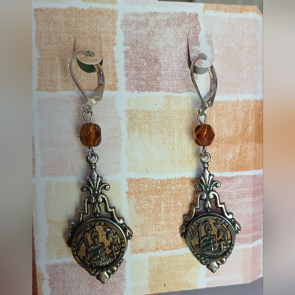 Antique Picture Button Earrings, Oxidized Silver, Victorian Boho Western